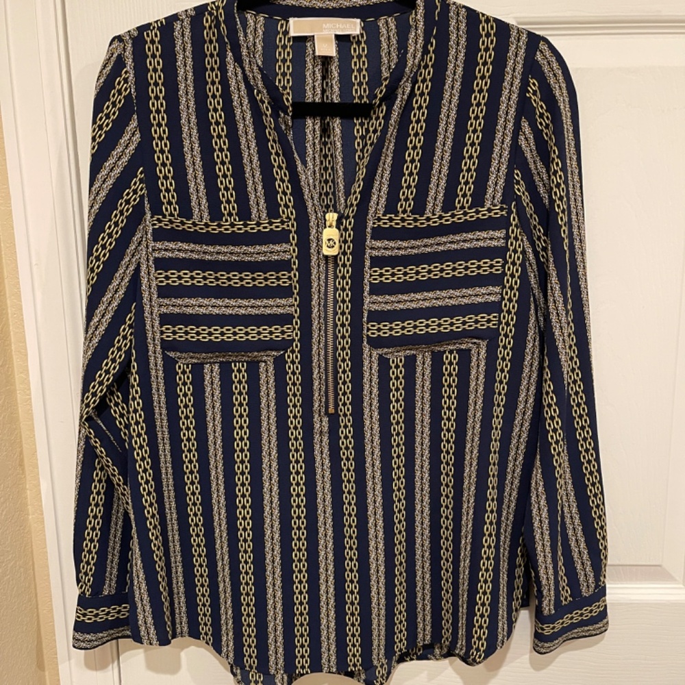 Michael Kors Women's Blue Yellow Chain Print Zip Equestrian Long Sleeve Blouse M